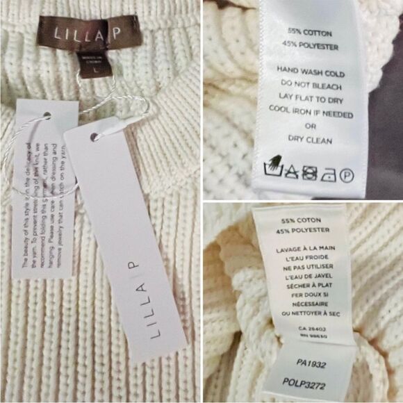 LILLA P Eyelet Ruffle Shoulder Trimmed Crew Neck Ribbed Sweater White Size L - Picture 10 of 11